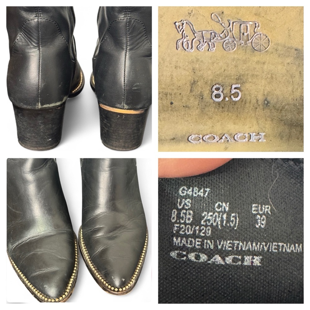 Coach Black Leather Ankle Booties Pointed Toe Block Heel Stud Sz 8.5 Mob Wife - Picture 11 of 12